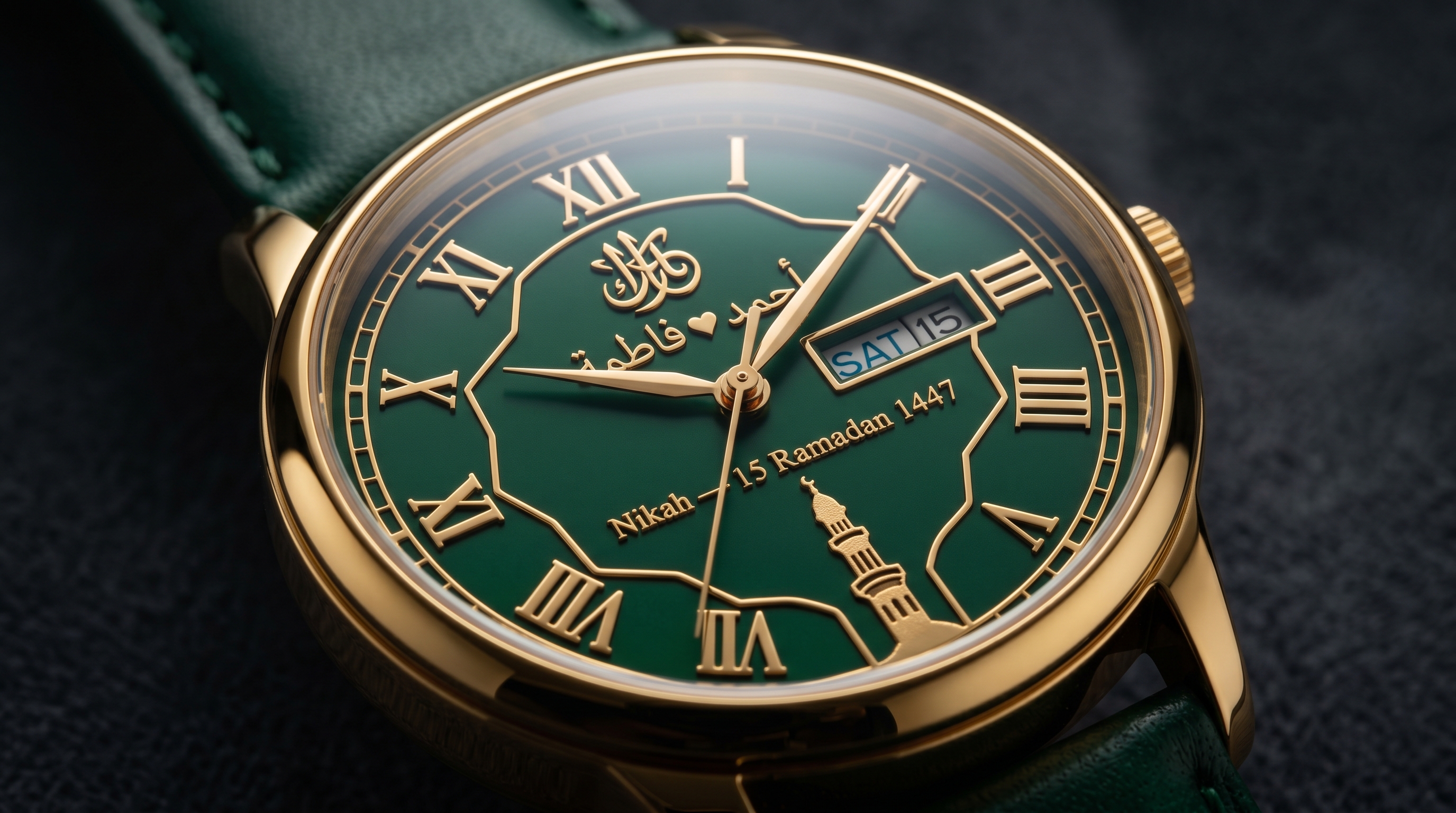 The Sultan's Garden — Deep Green Luxury Arabic Wedding Watch Dial