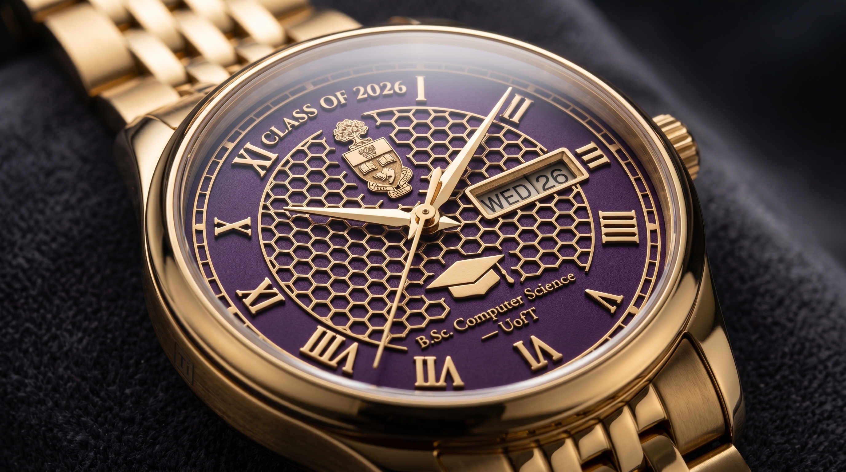 The Scholar's Crest — Custom Deep Purple Graduation Watch Dial